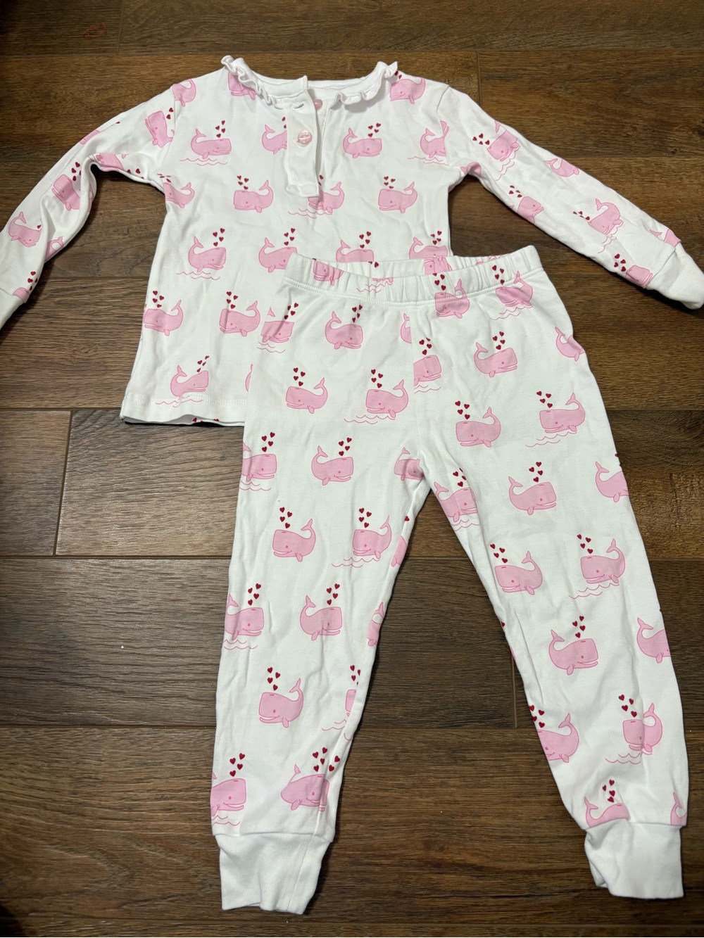 Little English White and Pink Whale Pajama Set 24m